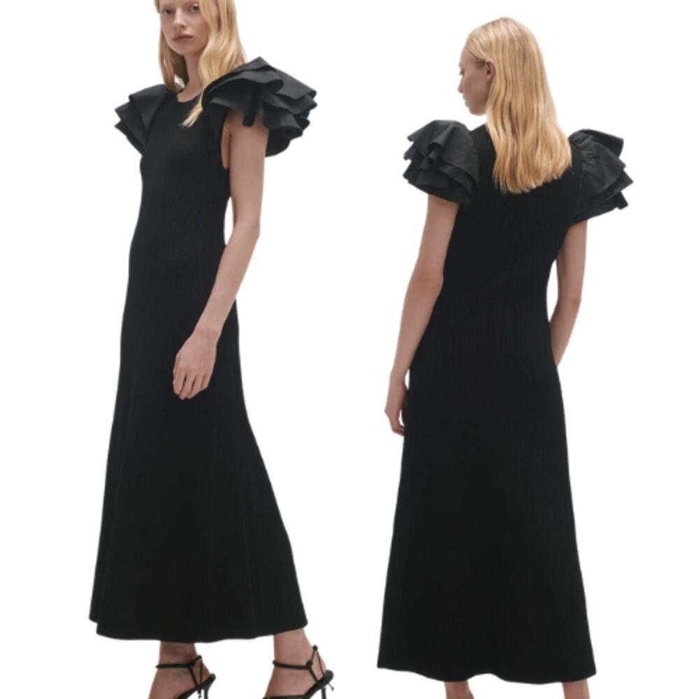 NEW Aje Questa Layered Ruffle Puff Sleeves Midi Dress Black Size: S